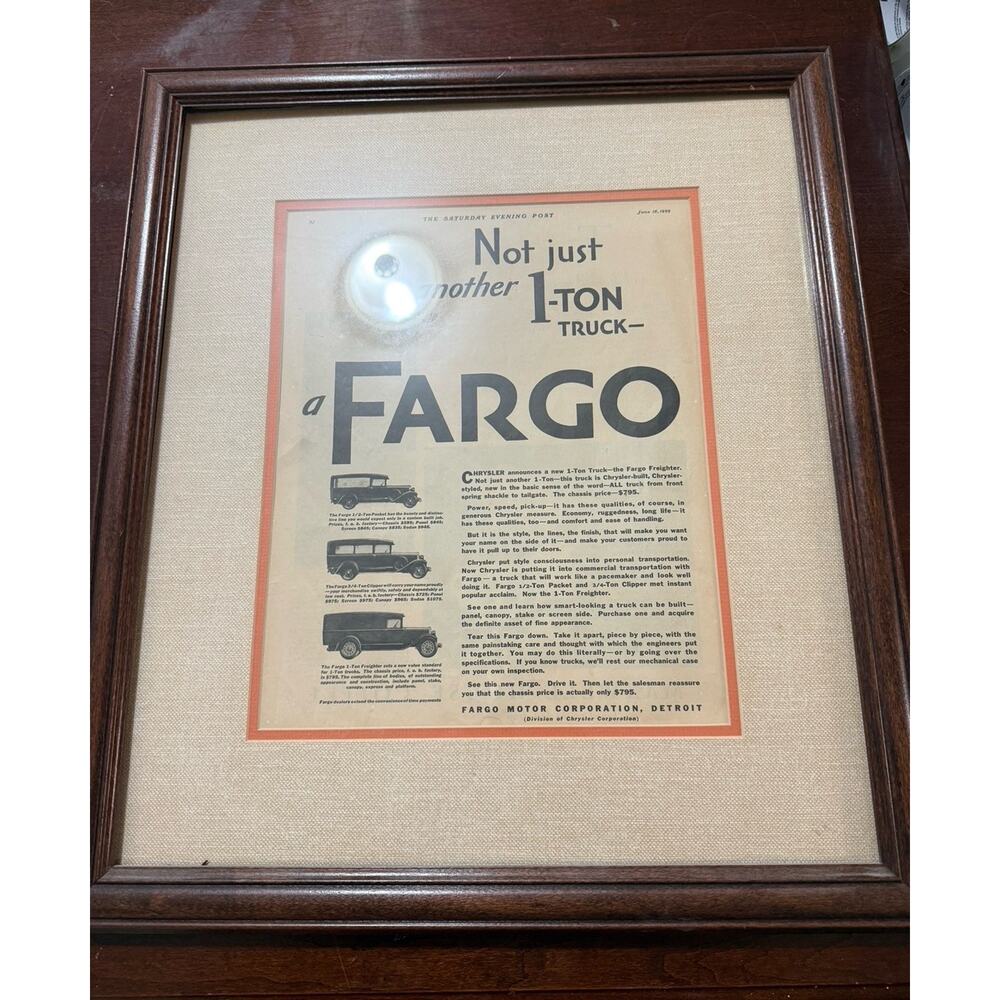 Vintage 1929 Fargo Truck Matted Advertisment In An Old Wood Frame 21x18.5 Rustic